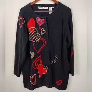 Michael Simon Cardigan Black Hearts Love Valentines Day Boho Vintage 90s Size XL